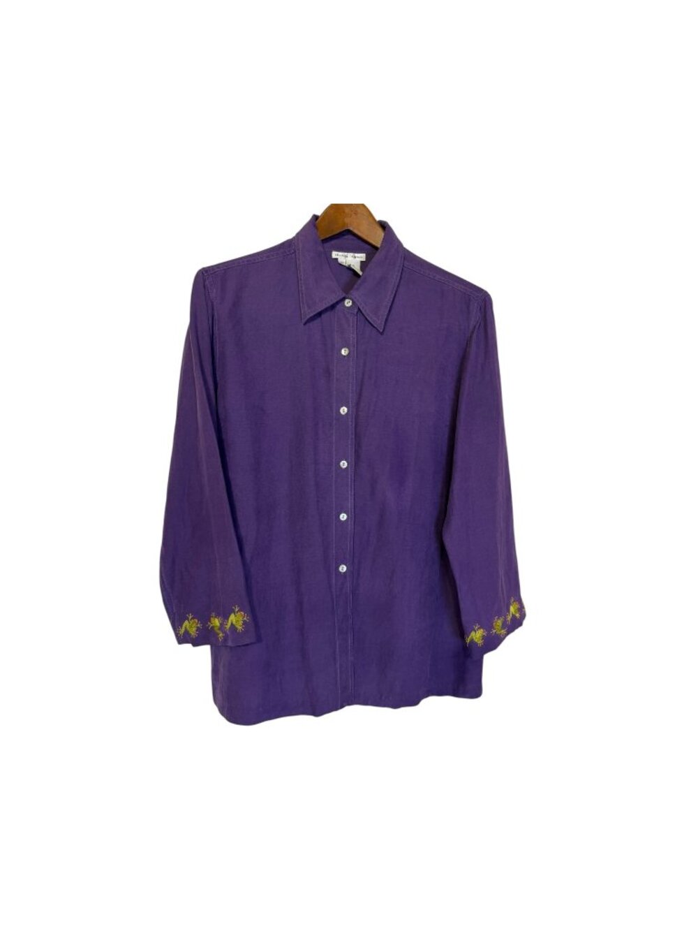 Vintage 90s Debra DeRoo Frog Embroidered Purple Silk-Linen Button-Up Size Medium